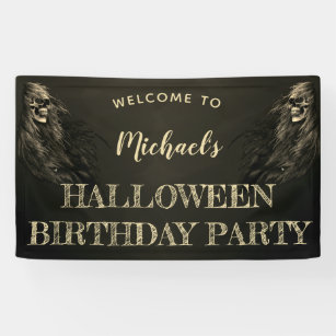 Creepy Hair Skull Halloween Birthday Party Welcome Banner