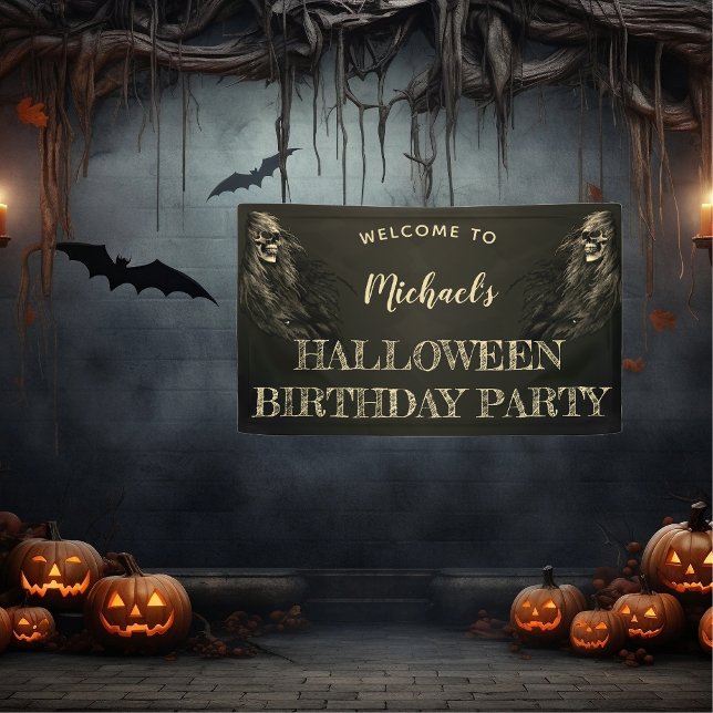 Creepy Hair Skull Halloween Birthday Party Welcome Banner (Creepy Hair Skull Halloween Birthday Party Welcome Banner)