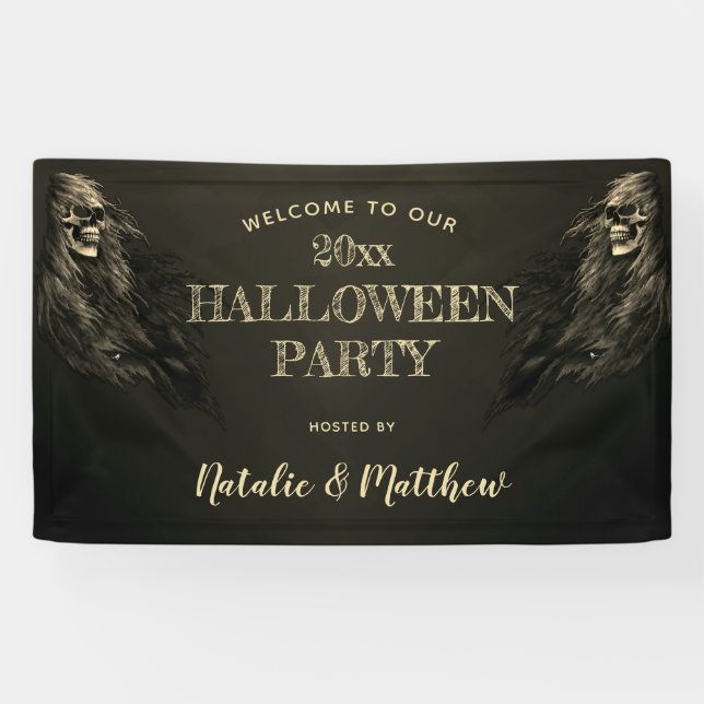 Creepy Hair Skull Halloween Party Welcome Banner (Horizontal)