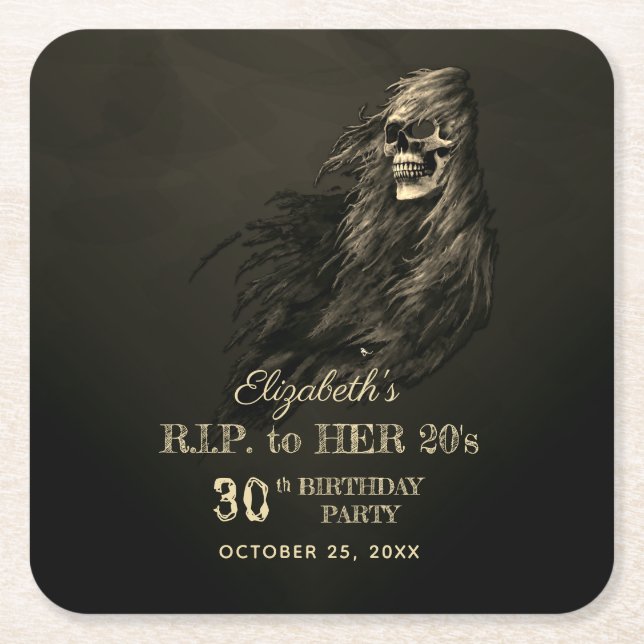 Creepy Hair Skull RIP to Her 20s Birthday Party Square Paper Coaster (Front)