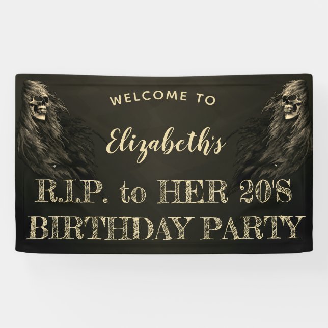 Creepy Hair Skull RIP to Her 20s Birthday Welcome Banner (Horizontal)