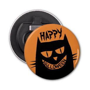 Creepy Halloween Black Cat on Orange Bottle Opener