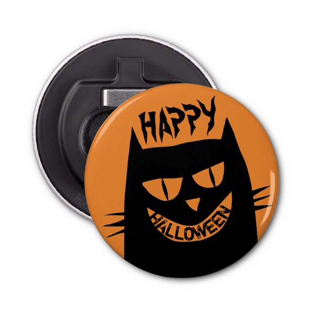 Creepy Halloween Black Cat on Orange Bottle Opener (Front)