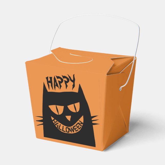 Creepy Halloween Black Cat on Orange Favour Box (Front Side)