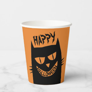 Creepy Halloween Black Cat on Orange Paper Cups
