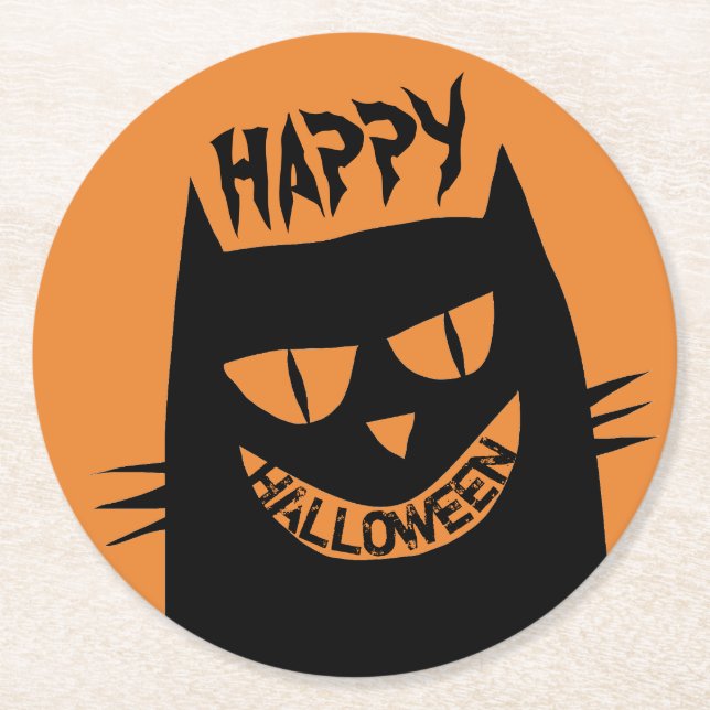 Creepy Halloween Black Cat on Orange Round Paper Coaster (Front)