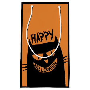 Creepy Halloween Black Cat on Orange Small Gift Bag