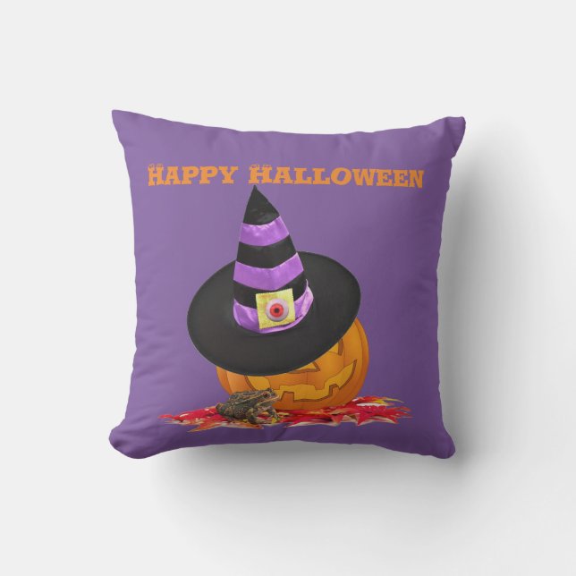 Creepy Halloween Jack O Lantern and Witch Hat l Cushion (Front)