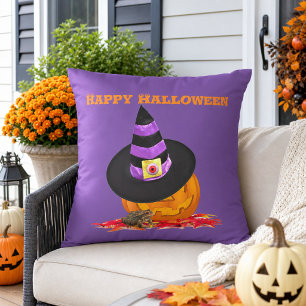 Creepy Halloween Jack O Lantern and Witch Hat l Cushion