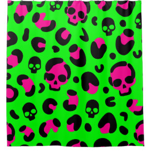 creepy halloween leopard skull pink green punk shower curtain