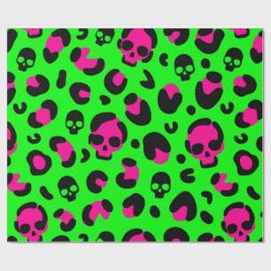 creepy halloween leopard skull pink green punk wrapping paper