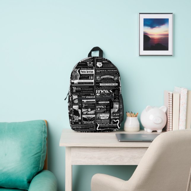 creepy halloween newspaper antique black printed backpack (Insitu)