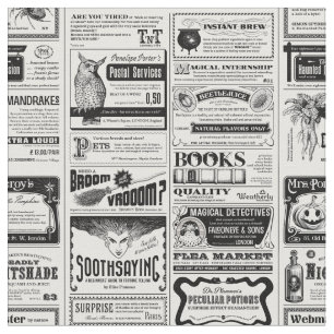 creepy halloween newspaper antique white  fabric
