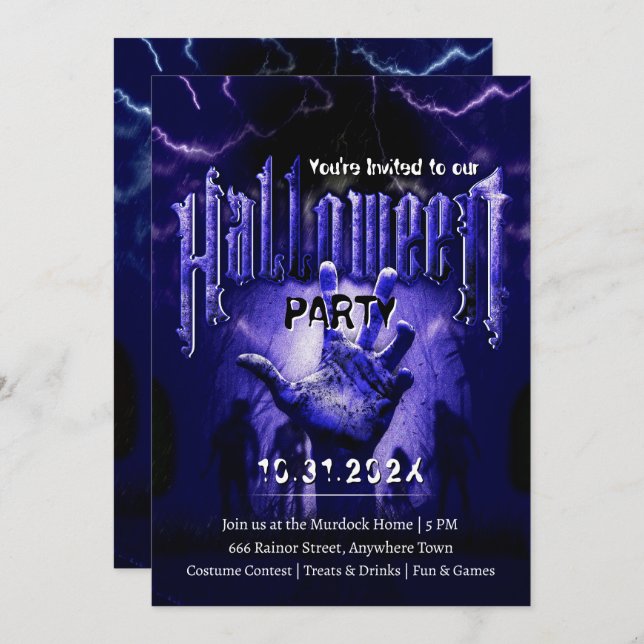 Creepy Halloween Party Zombies Blue Scary Night Invitation (Front/Back)