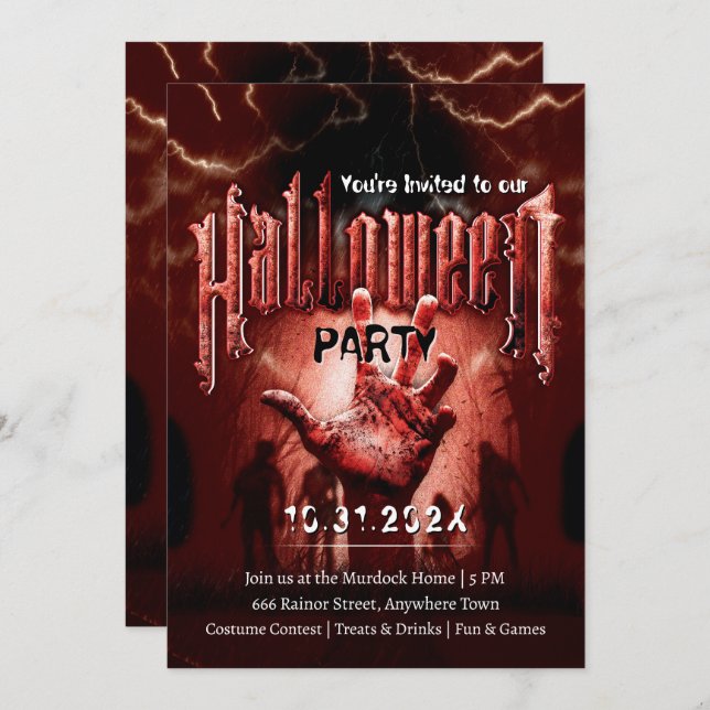 Creepy Halloween Party Zombies Red Scary Night Invitation (Front/Back)