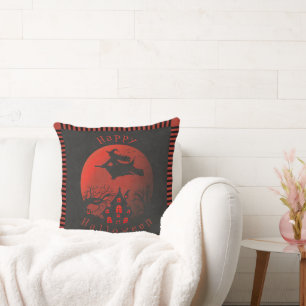 Creepy Halloween Scene Witch & Haunted House Throw Cushion