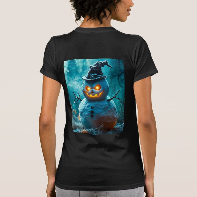 Creepy Halloween Snowman with Glowing Eyes T-Shirt (Back)