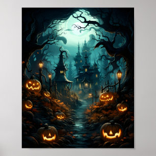 Creepy Haloween Pumpkins In Scary Forest  Poster