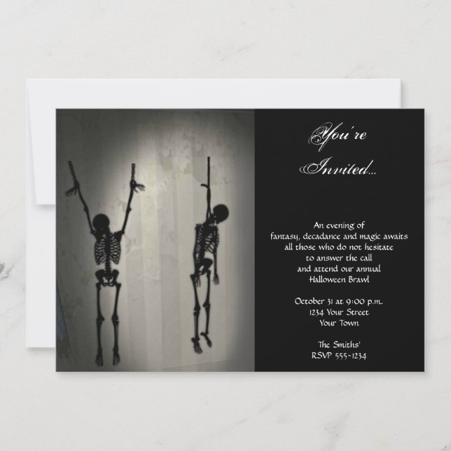 Creepy Hanging Skeletons on a Wall Halloween Party Invitation (Front)