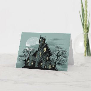 Creepy haunted ghost house scene illustration card