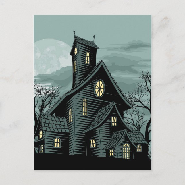 Creepy haunted ghost house scene illustration postcard (Front)