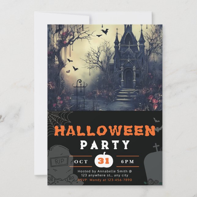Creepy Haunted House and Bats Black Halloween Invitation (Front)