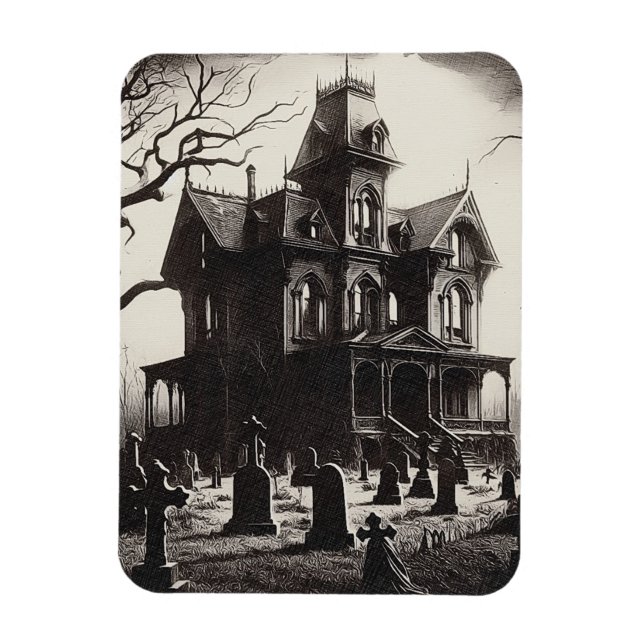 Creepy Haunted House Graveyard Drawing Magnet (Vertical)