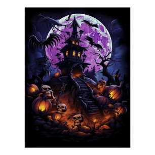 Creepy Haunted House Purple Halloween Party Poster