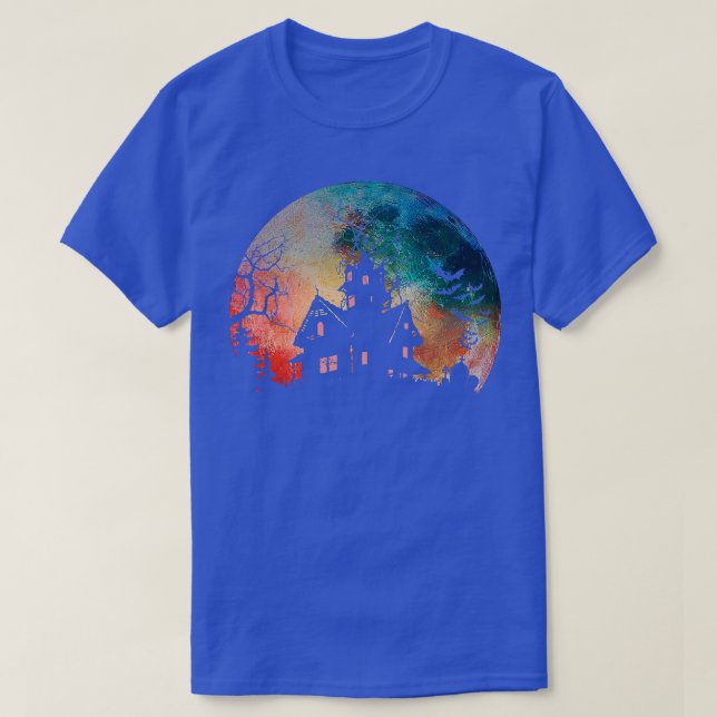 Creepy Haunted House & Spooky Watercolor Full Moon T-Shirt (Design Front)