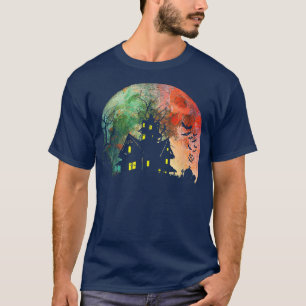 Creepy Haunted House & Spooky Watercolor Full Moon T-Shirt