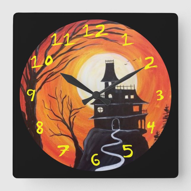 Creepy Haunted House Square Wall Clock (Front)