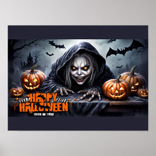 Creepy Hooded Ghoul Halloween Scene Poster