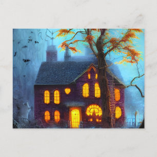 Creepy House on the edge of a Cemetery Halloween Holiday Postcard