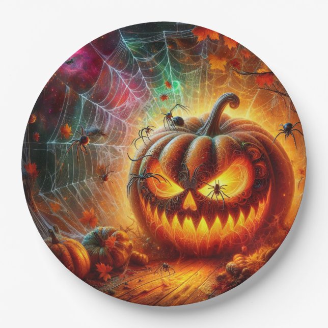 Creepy Jack-o-lantern and Spiders  Paper Plate (Front)