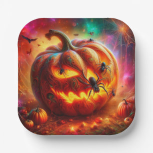 Creepy Jack-o-lantern and Spiders Paper Plate