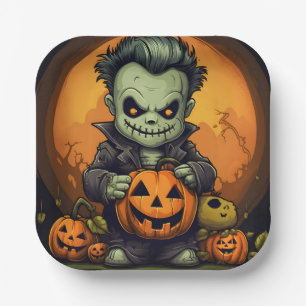 Creepy Monster and Jack-O-Lanterns Paper Plate