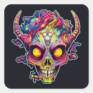 Creepy neon skull demon square sticker
