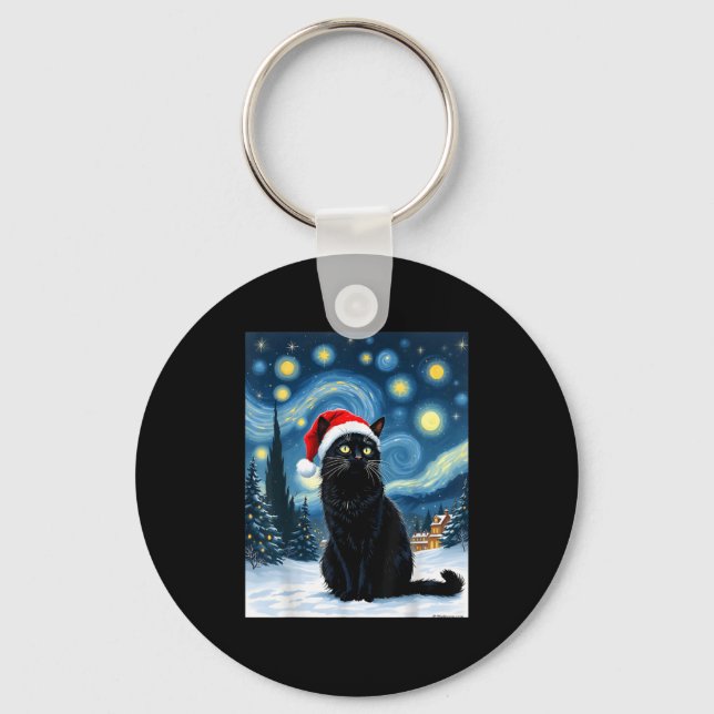 Creepy Night Black Meow In Santa Hat Christmas Men Key Ring (Front)