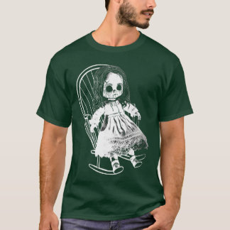 Creepy Nightmare Haunted Horror Doll Sits In Rocki T-Shirt