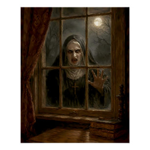 Creepy Nun at Haunted Window Gothic Horror Poster