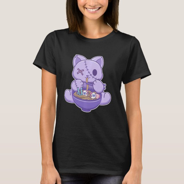Creepy Pastel Goth Cat Eating Halloween Ramen Nood T-Shirt (Front)