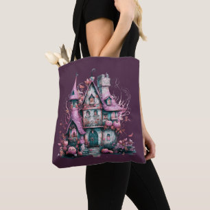 Creepy Pink and Grey Haunted House Halloween Tote Bag