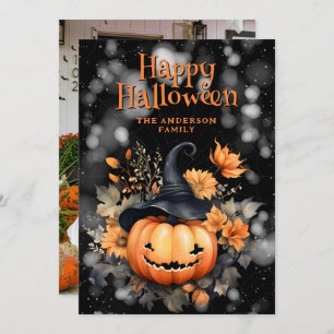 Creepy Pumpkin In A Hat Photo Happy Halloween Card