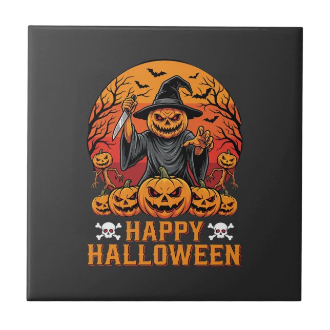 Creepy Pumpkin Witch Happy Halloween Vector Design Ceramic Tile (Front)