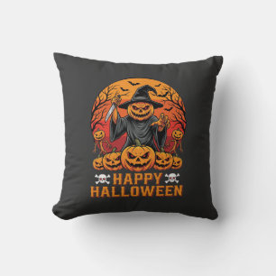 Creepy Pumpkin Witch Happy Halloween Vector Design Cushion