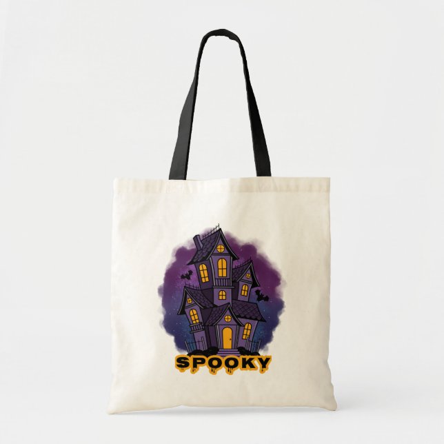 Creepy Purple Mansion Spooky Haunted House Tote Bag (Front)