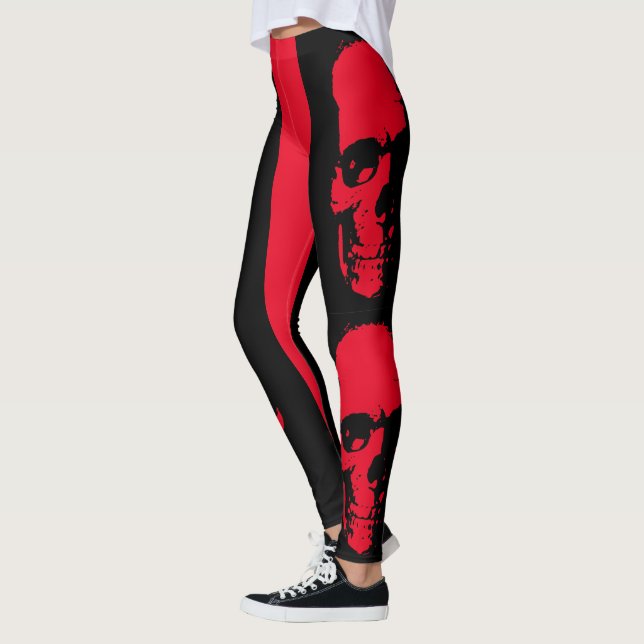 Creepy Red & Black Skull Spooky Halloween Leggings (Left)