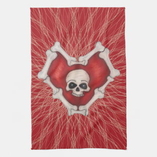 Creepy Red Heart With White Bones Skull Spirals Tea Towel