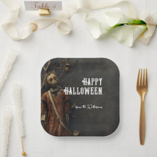 Creepy Scarecrow Doll Custom Name Halloween  Paper Plate