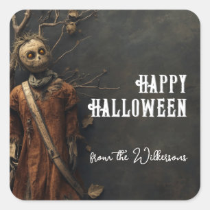 Creepy Scarecrow Doll Custom Name Halloween Square Sticker